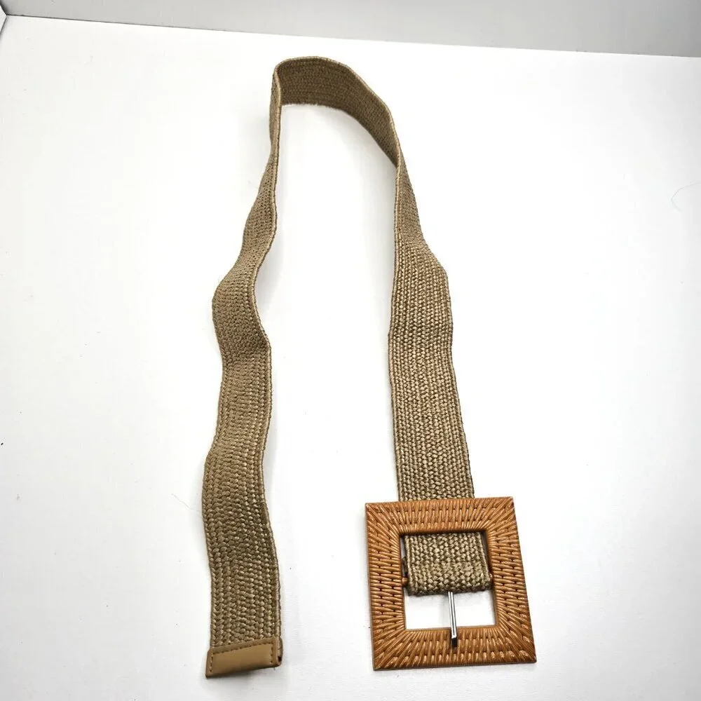 Women's Boho Beach Brown Beige Woven Elastic Straw Like Elastic Big Buckle Belt